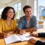 Couple souriant signant contrat de location avec agent immobilier dans salon