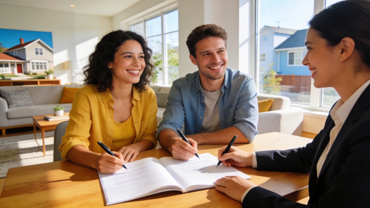 Couple souriant signant contrat de location avec agent immobilier dans salon