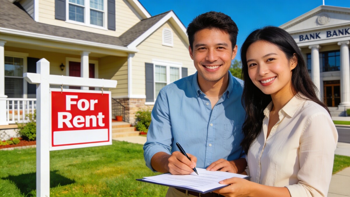 Couple souriant signe contrat devant maison avec panneau a louer et banque en arriere plan