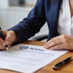 Femme assise a un bureau signant un document de location imprimé