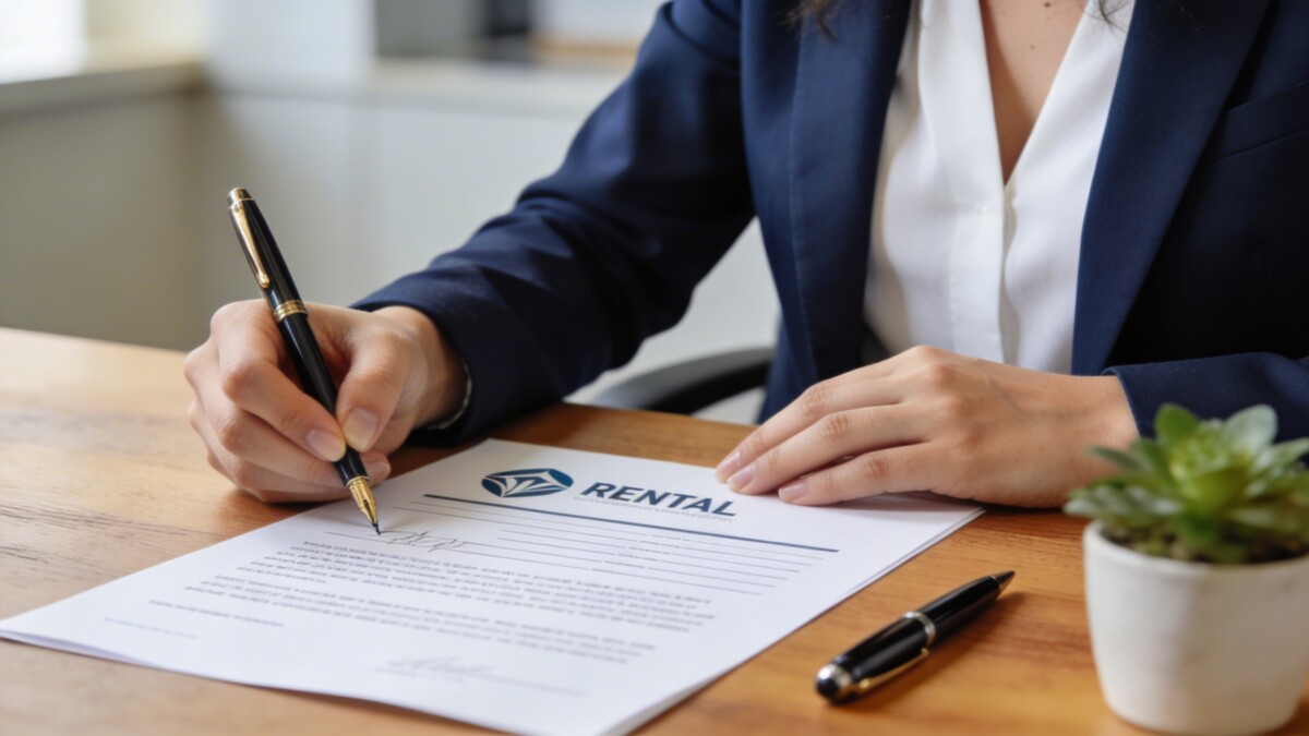 Femme assise a un bureau signant un document de location imprimé