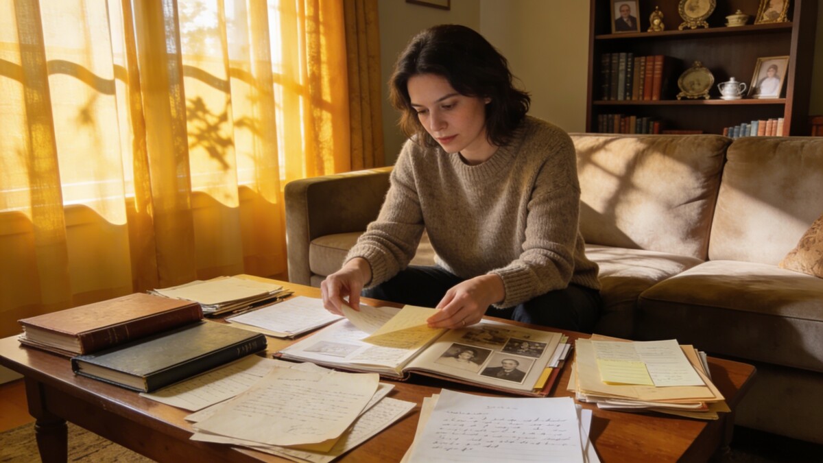 femme assise seule au salon triant des dossiers d heritage familiale