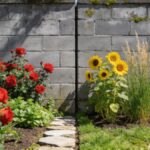 Deux jardins voisins separes par un mur en parpaings gris