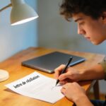 Jeune colocataire assis a un bureau signant une lettre de resiliation
