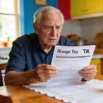 locataire age assis a table de cuisine regardant facture de taxe poubelles