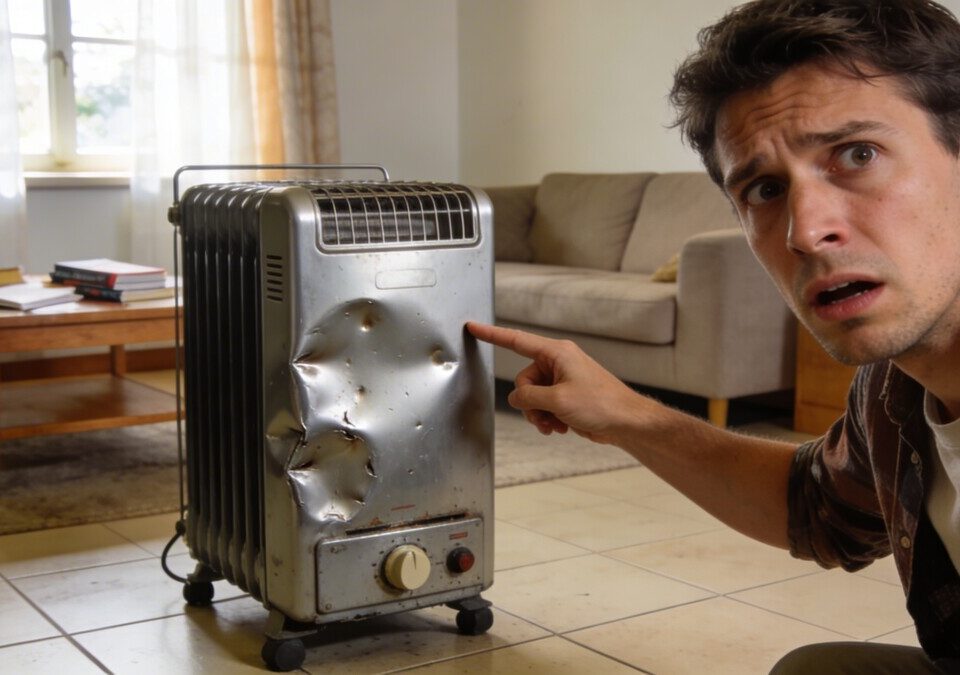 Locataire inquiet montrant un poele a petrole barre dans salon