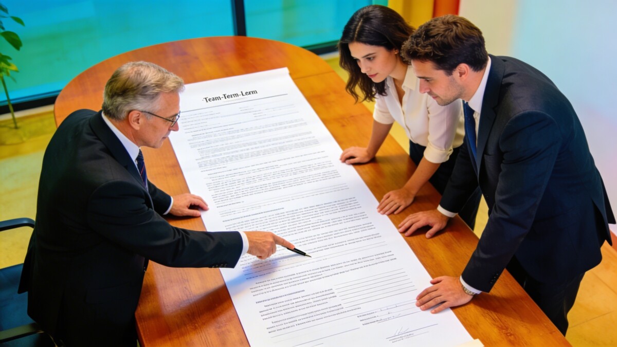 Notaire et couple examinant contrat immobilier longue duree sur grande table