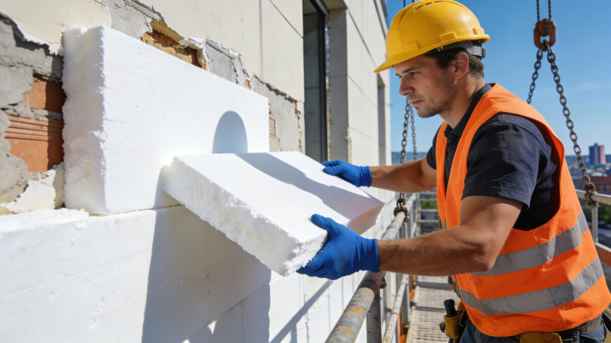 Ouvrier isolant facade dimmeuble avec panneaux blancs