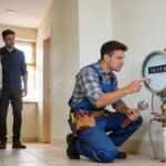 plombier agenouille pres compteur eau appartement montrant facture elevee au couple