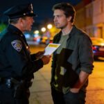 Policier verbalisant un voisin bruyant la nuit dans une rue sombre