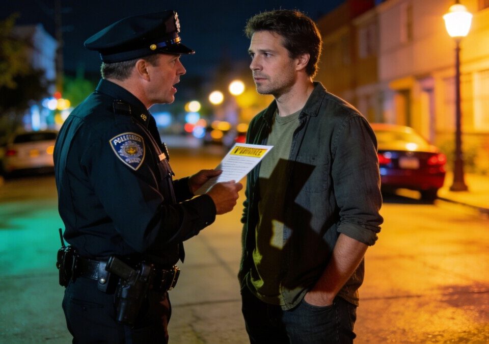 Policier verbalisant un voisin bruyant la nuit dans une rue sombre