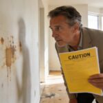 Proprietaire inspectant un appartement vide avec taches et caution en main