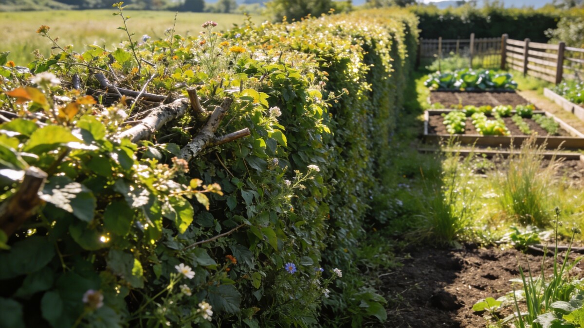 Vieille haie champetre tres haute longeant un jardin de campagne