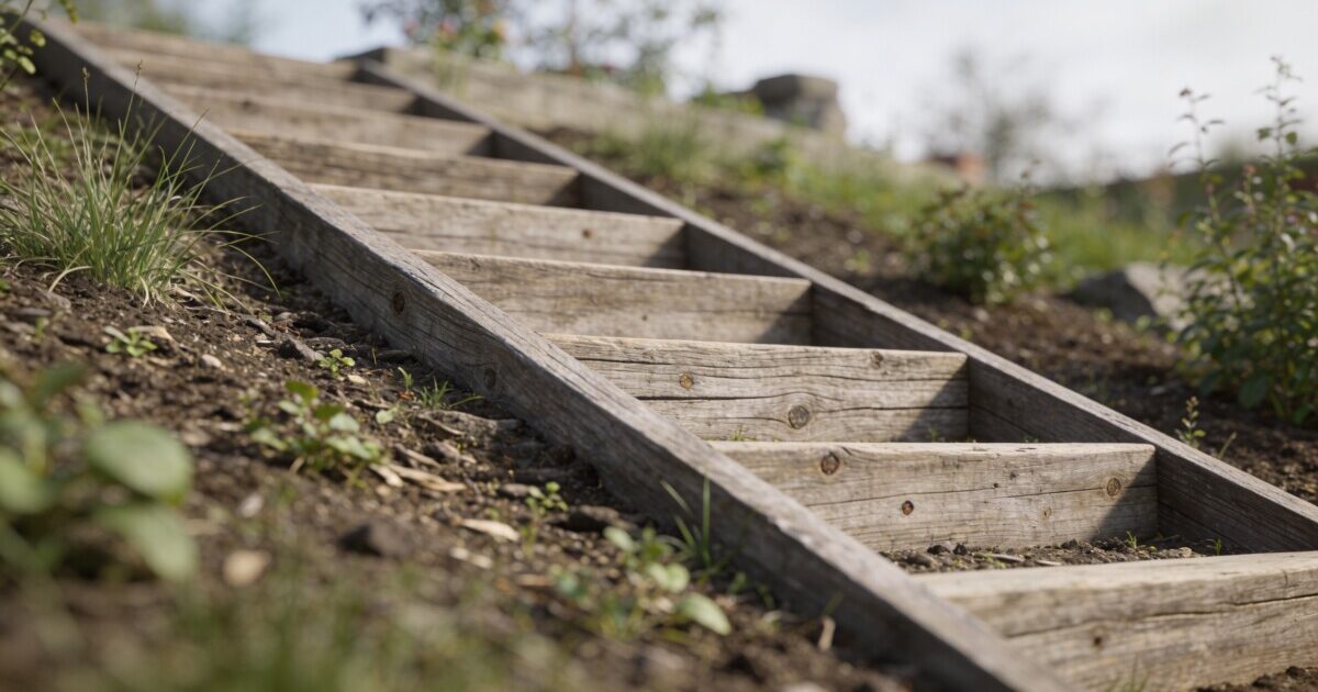Escalier en bois montant un talus de jardin