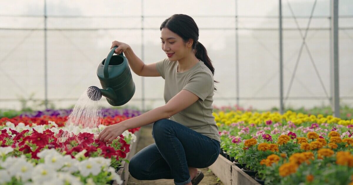 femme agenouillee arrosant massifs de fleurs colorees