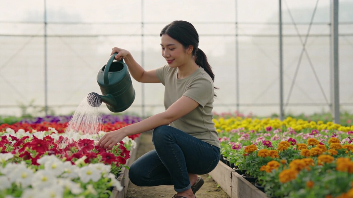 femme agenouillee arrosant massifs de fleurs colorees