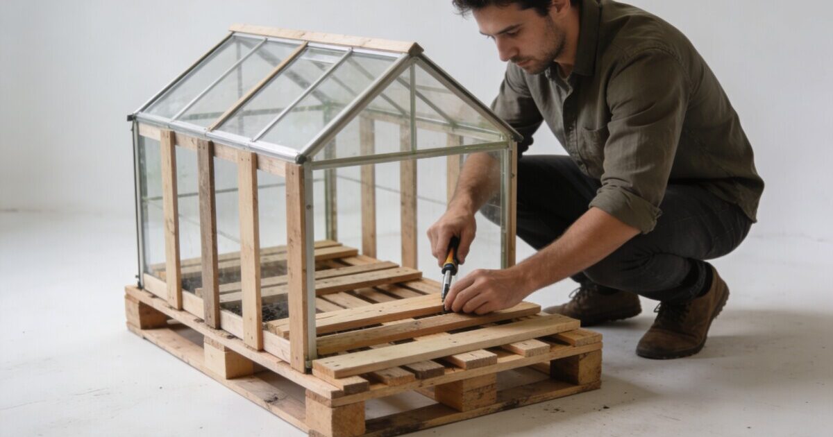 homme accroupi construisant petite serre avec palettes