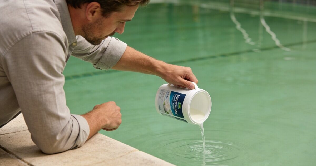 Homme penche verse seau de produit dans piscine verte
