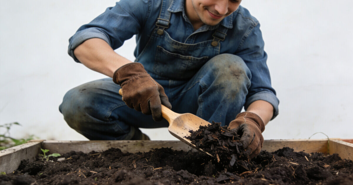 jardinier accroupi enrichissant la terre sombre avec compost