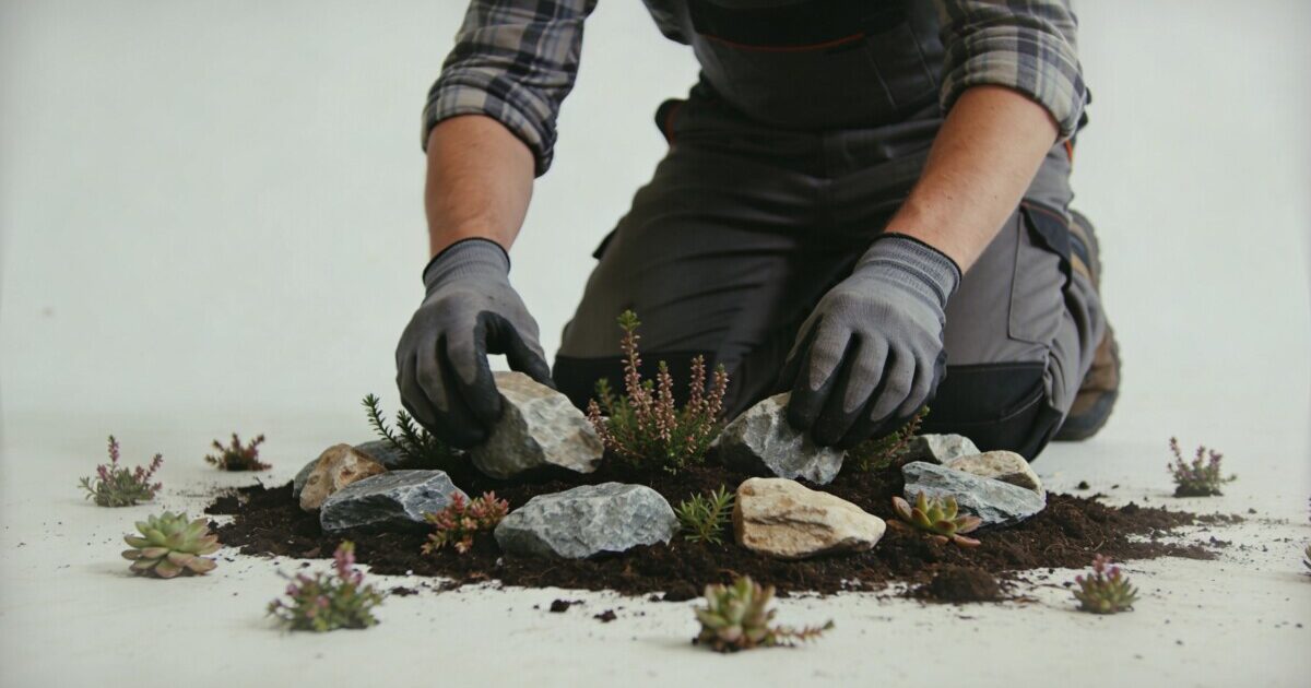 jardinier agenouillee disposant pierres et plantes alpines