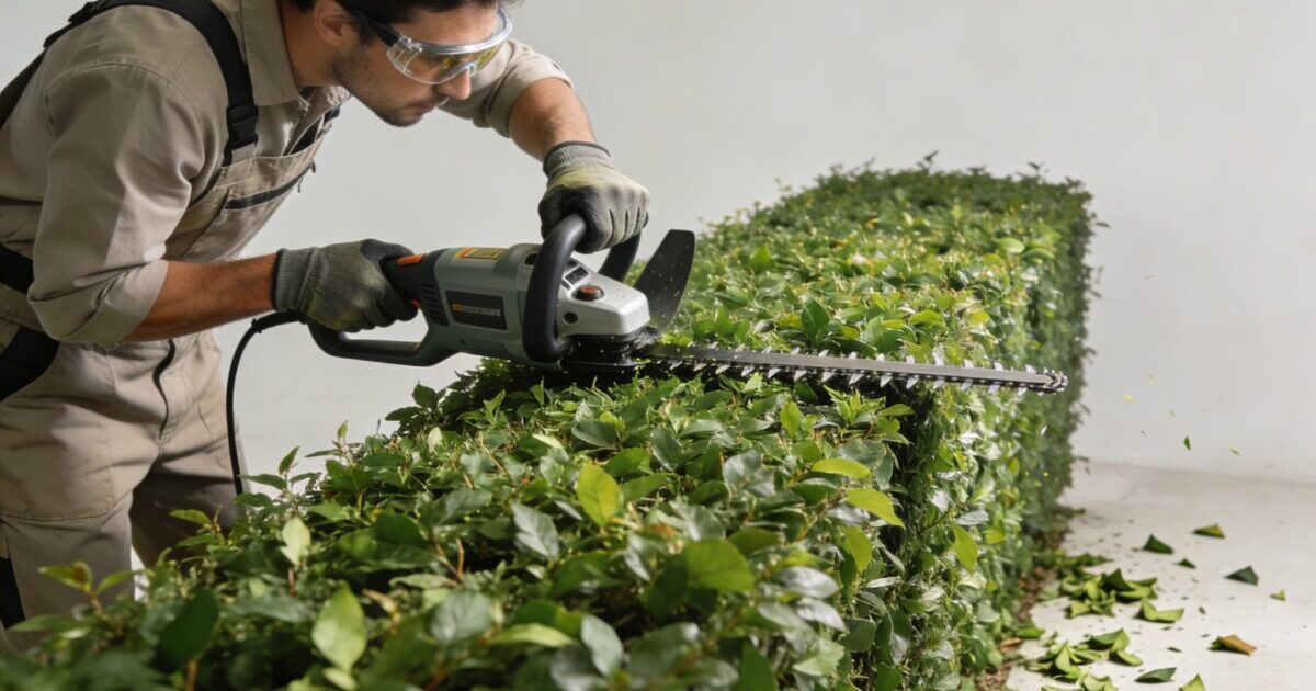 jardinier coupe une haie verte avec taille haie