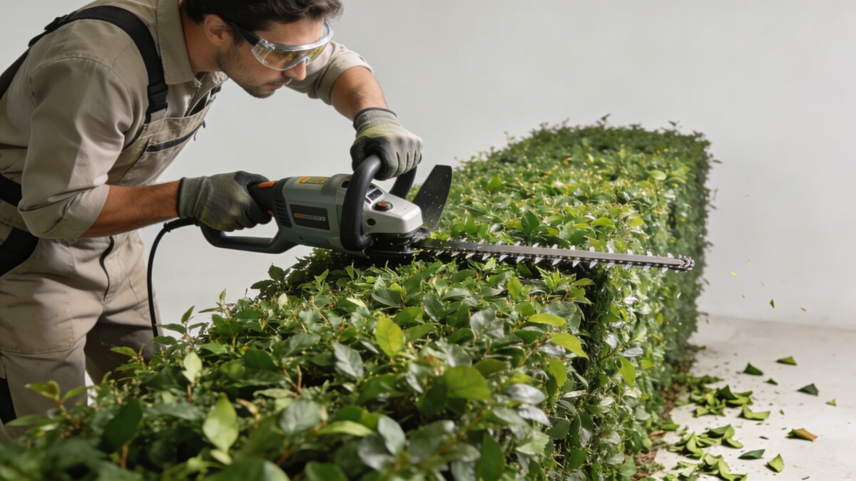 jardinier coupe une haie verte avec taille haie