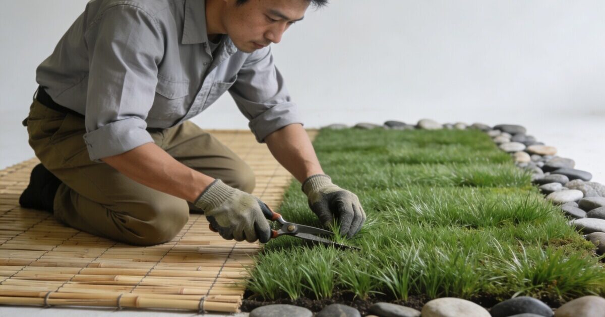 jardinier agenouille taille soigneusement pelouse ornementale zen