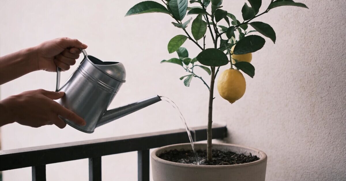 Mains arrosant un citronnier en pot sur balcon