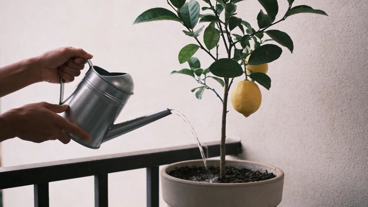 Mains arrosant un citronnier en pot sur balcon