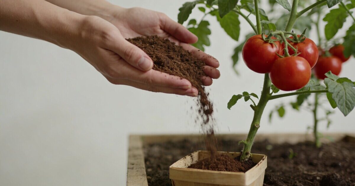 mains versant compost brun au pied des tomates