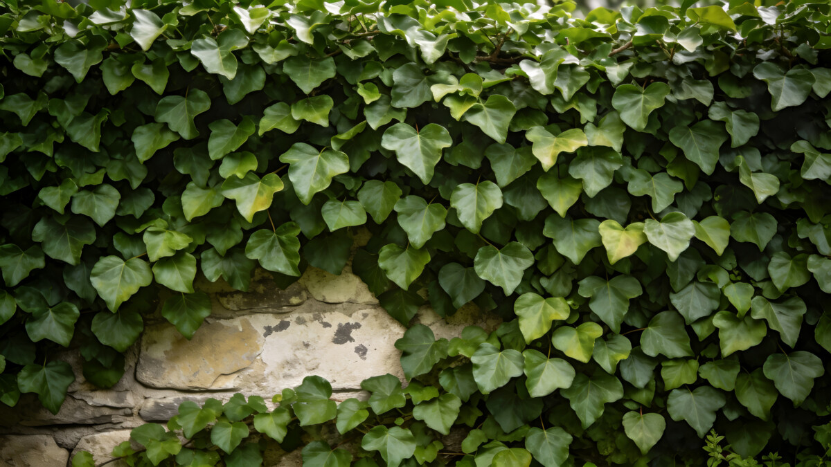 Mur de jardin couvert de lierre persistant vert