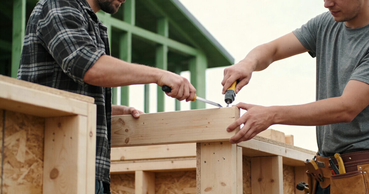 Ouvriers assemblant modules en bois d une maison verte
