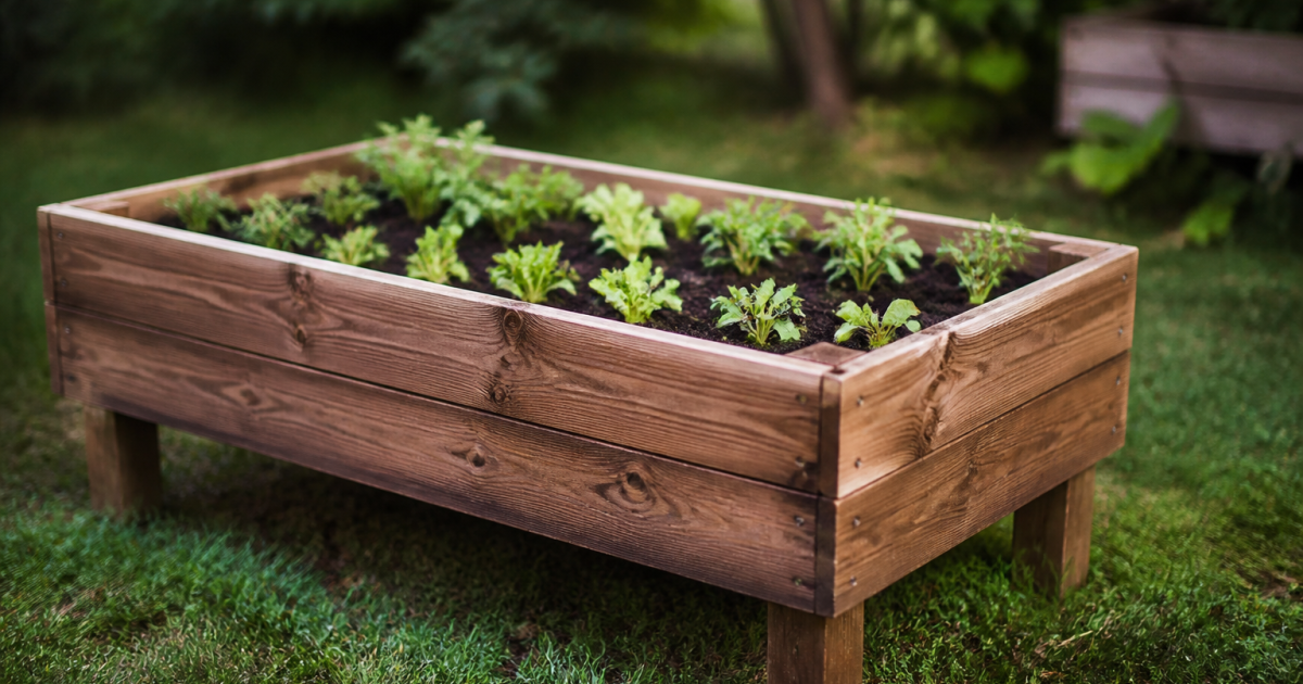Caisse bois rectangulaire surélevée remplie de terre et plants