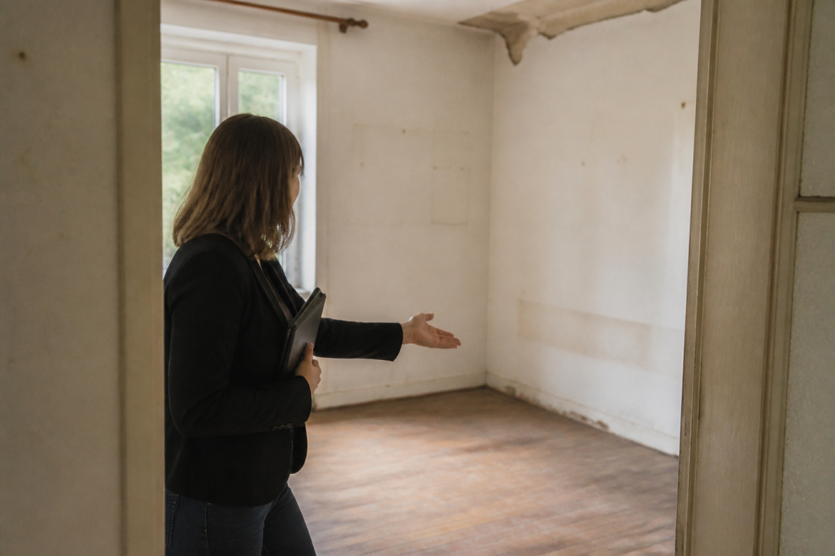 Agent immobilier montrant maison vide avant remise en etat