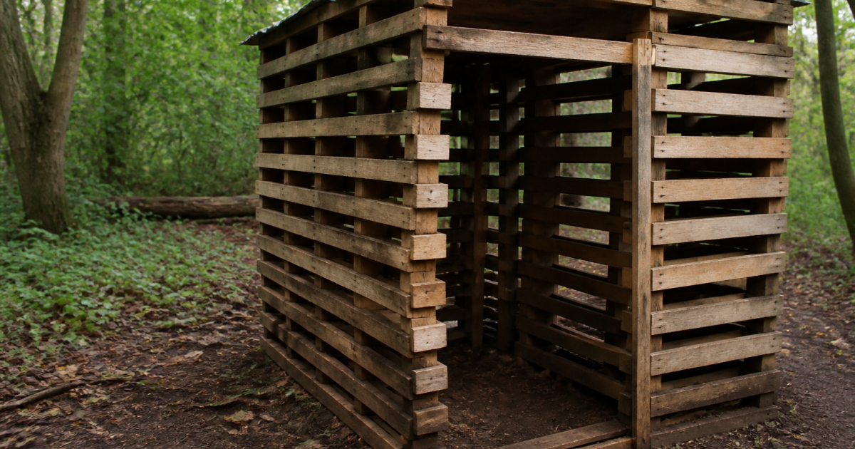 Palettes en bois empilees verticalement formant structure abri
