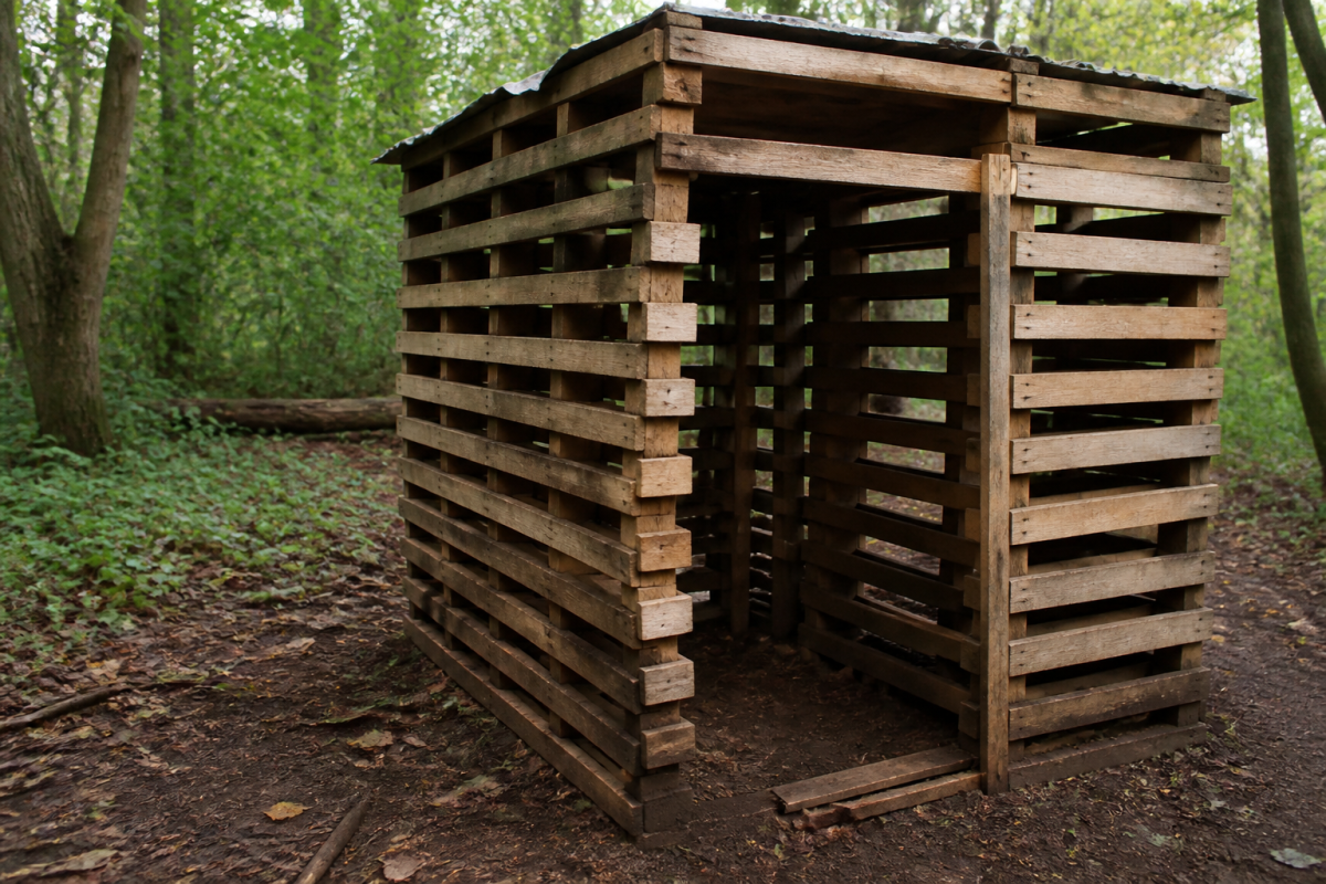 Palettes en bois empilees verticalement formant structure abri