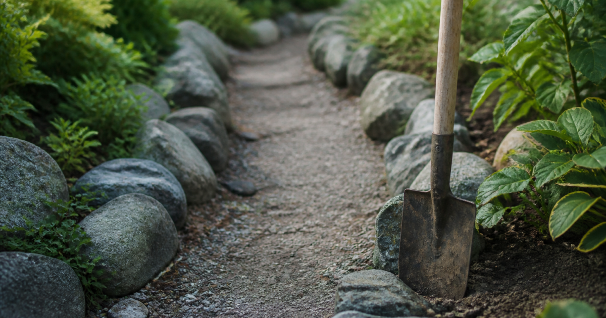 Allée de jardin bordee de pierres grises avec pelle plantee dedans