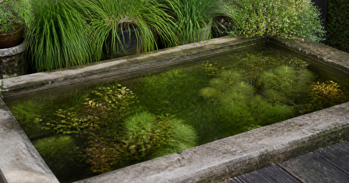 Bassin rectangular rempli d'eau avec plantes aquatiques immergees