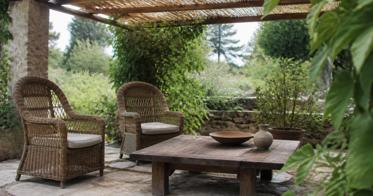Fauteuil en rotin et table basse en bois aménagés sous pergola