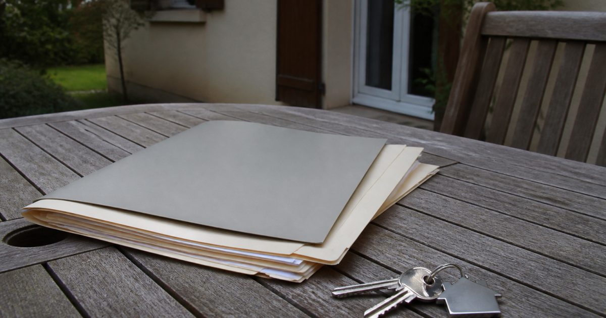 Documents succession et cles posees sur table pres maison