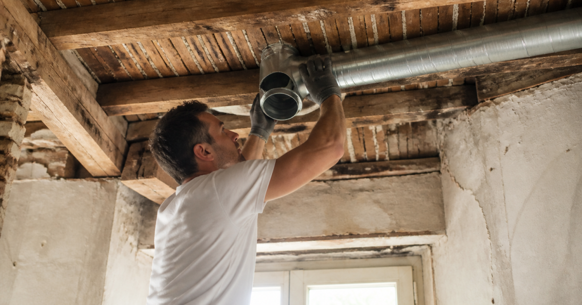 Technicien installant conduit ventilation dans plafond maison ancienne