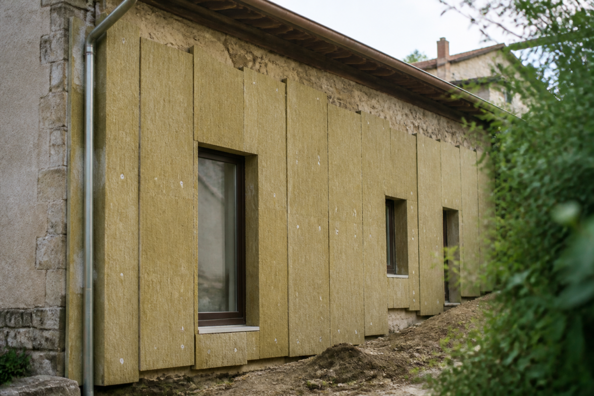 Facade ancienne maison avec panneaux isolants appliques verticalement