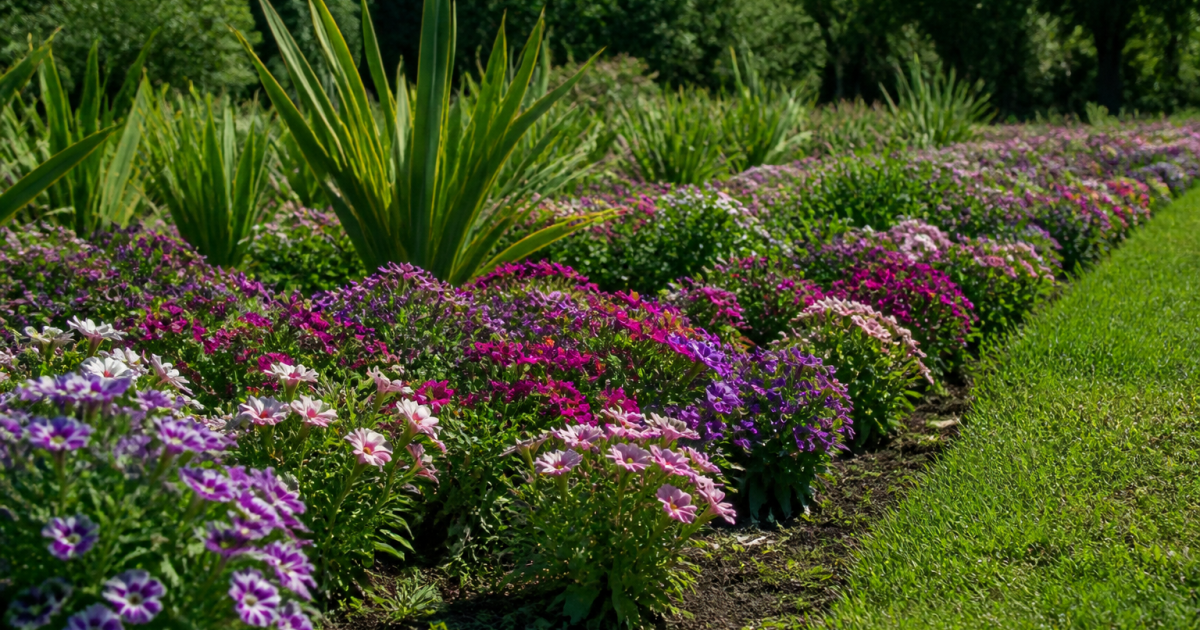 Massifs floraux bas entretenus en rangees ordonnees jardin paysage