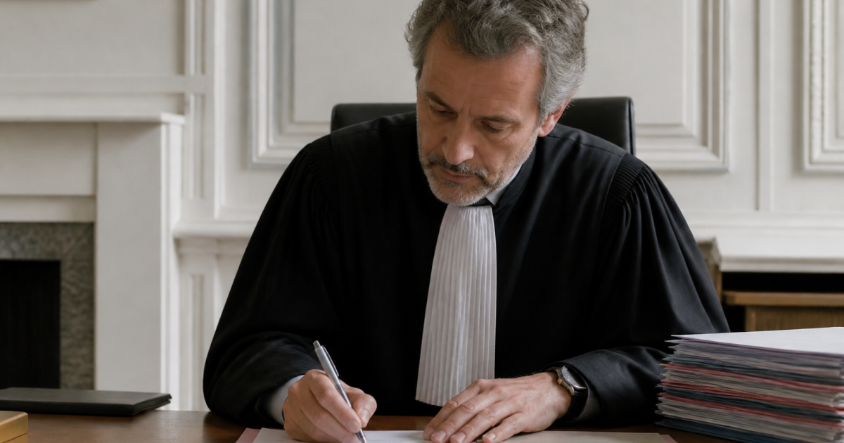 Juge signant document immobilier assis derriere bureau