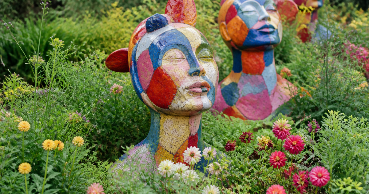 Sculptures decoratives colorees exposees dans parterre floral verdoyant