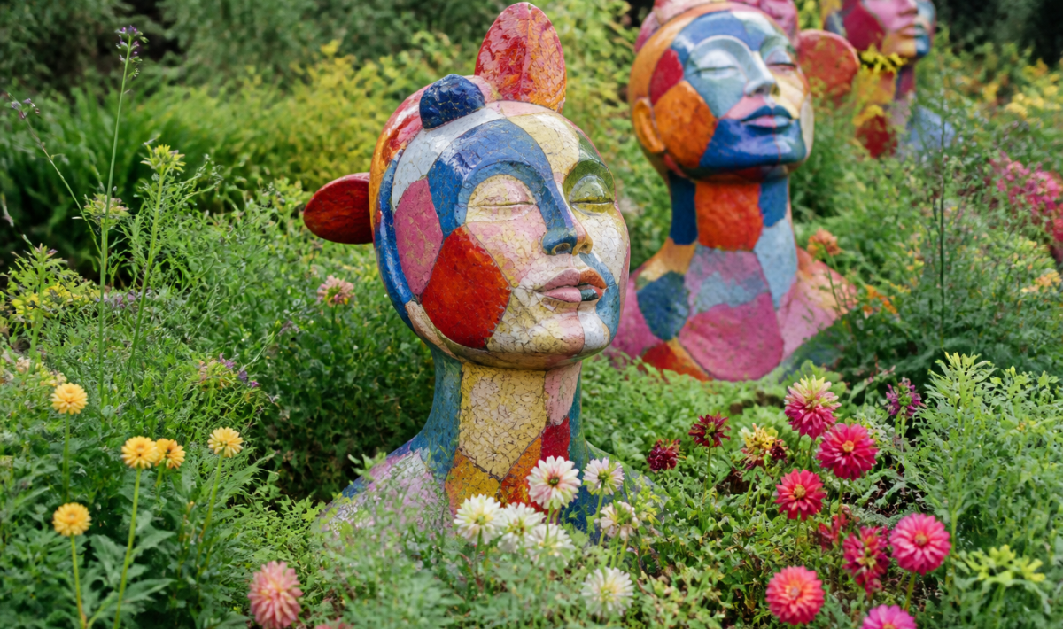 Sculptures decoratives colorees exposees dans parterre floral verdoyant