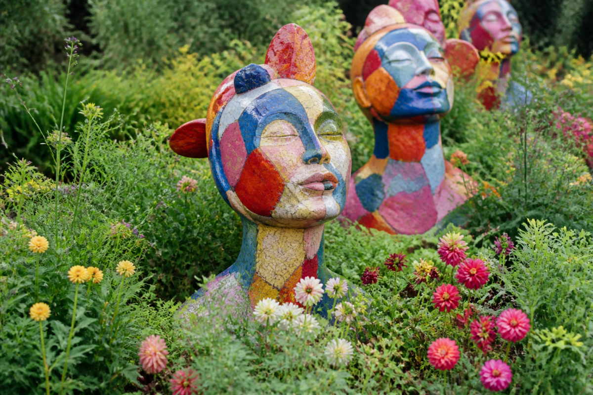 Sculptures decoratives colorees exposees dans parterre floral verdoyant