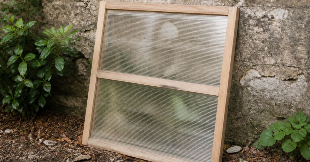 Cadre bois et plastique transparent appuye contre mur jardin