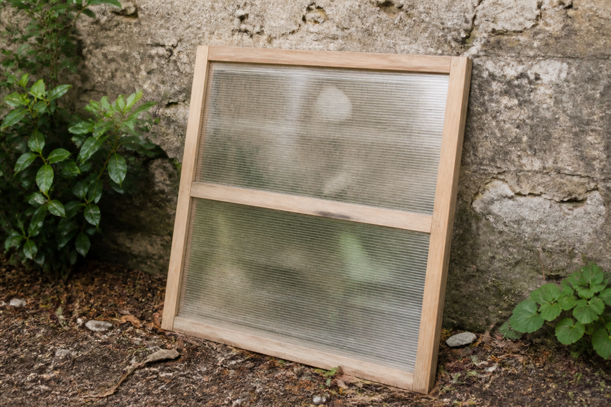 Cadre bois et plastique transparent appuye contre mur jardin